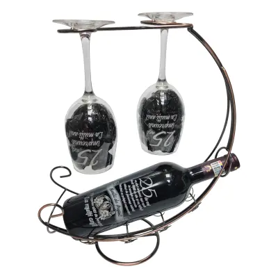 25 de ani aniversare, suport din metal cu sticla vin personalizata cu mesaj si 2 pahare personalizate 25 de ani impreuna